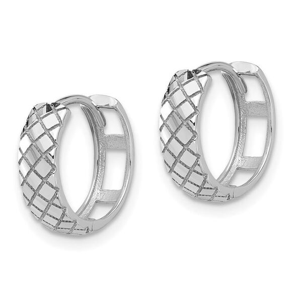 Kazi Luxury 14K White Gold Polished and Etched Hinged Hoop Earrings